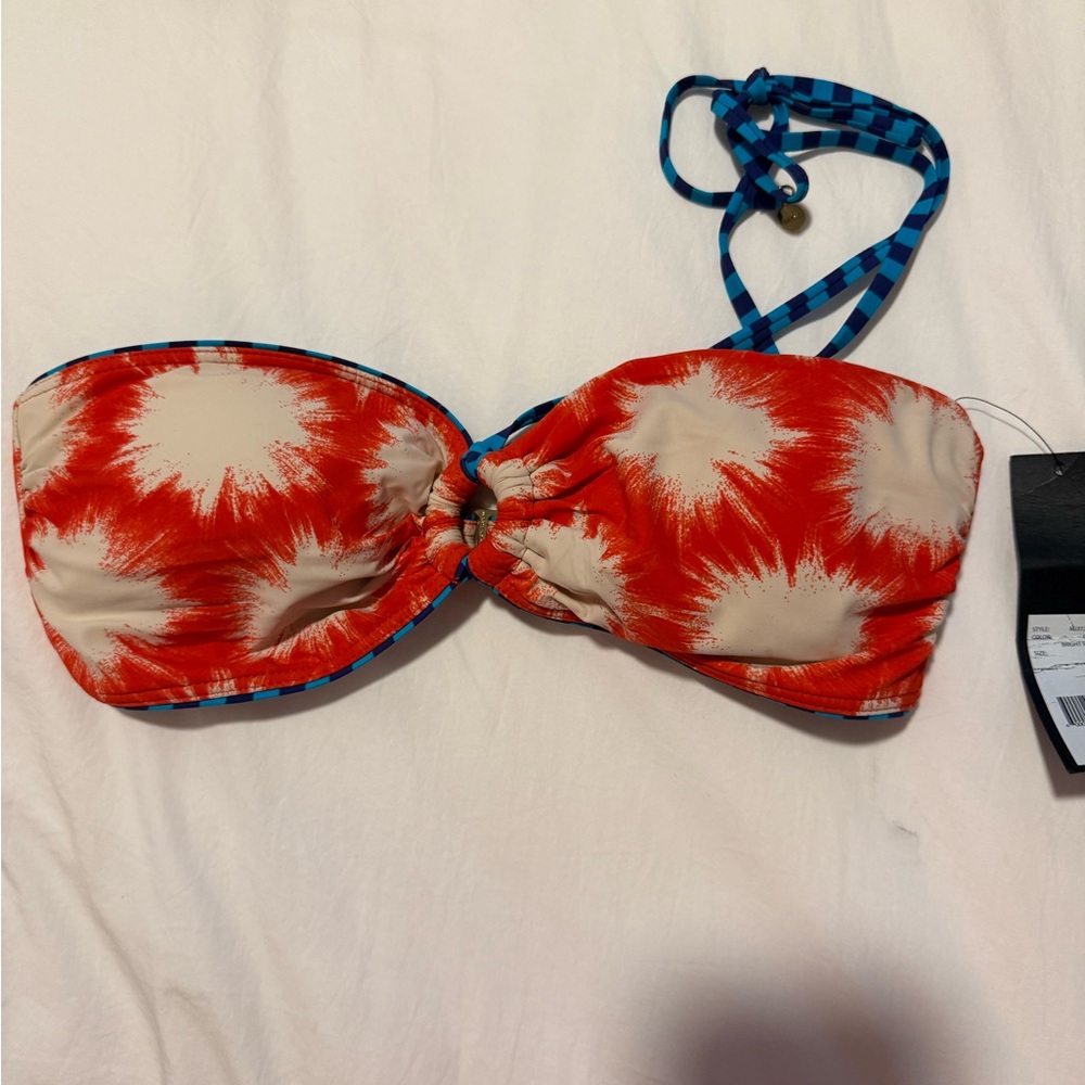 NTW Marc by Marc Jacobs Red and Cream Bandeau Bikini Top with Blue Check Strap